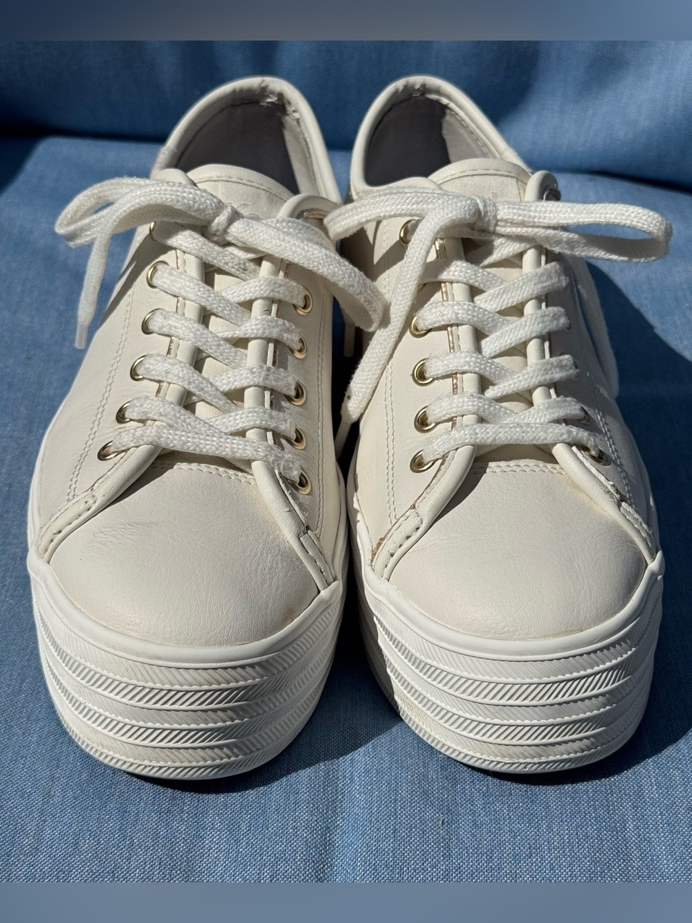 Keds Triple Platform Leather Sneakers – White, Rose Gold Trim (Women’s 8.5)